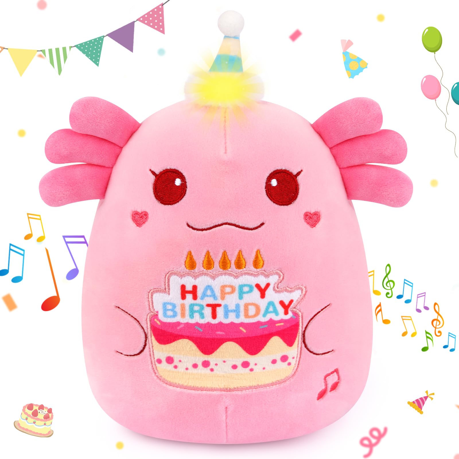 Prewplam Axolotl Birthday Plush Happy Birthday Singing & Glowing Axolotl Stuffed Animal Toy Gifts Party Decoration for Kids Boys Girls