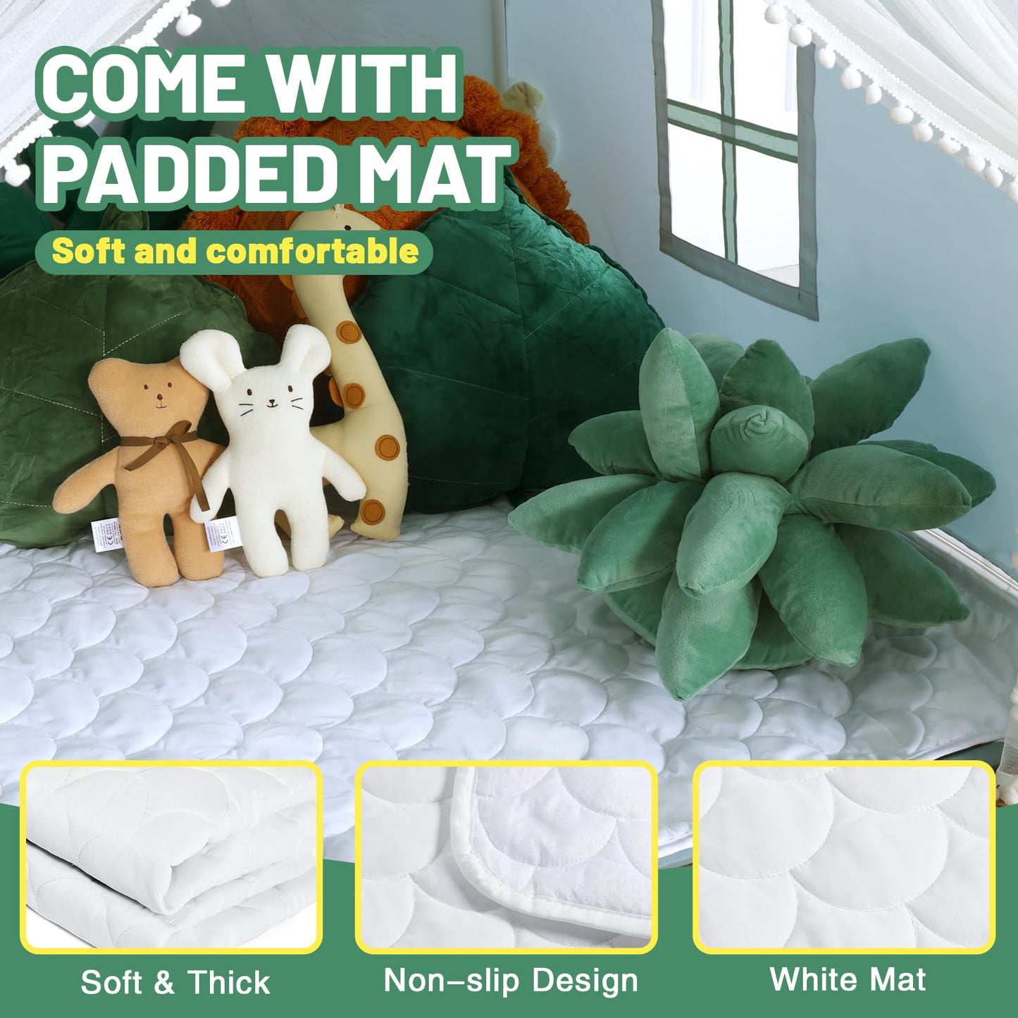 Wilwolfer Kid Tent With Mat, Star Lights - Kids Play Tents For Toddlers Kids Tents Indoor Playhouse - Princess Tent For Girls Toy House Gift (Green With Mesh)
