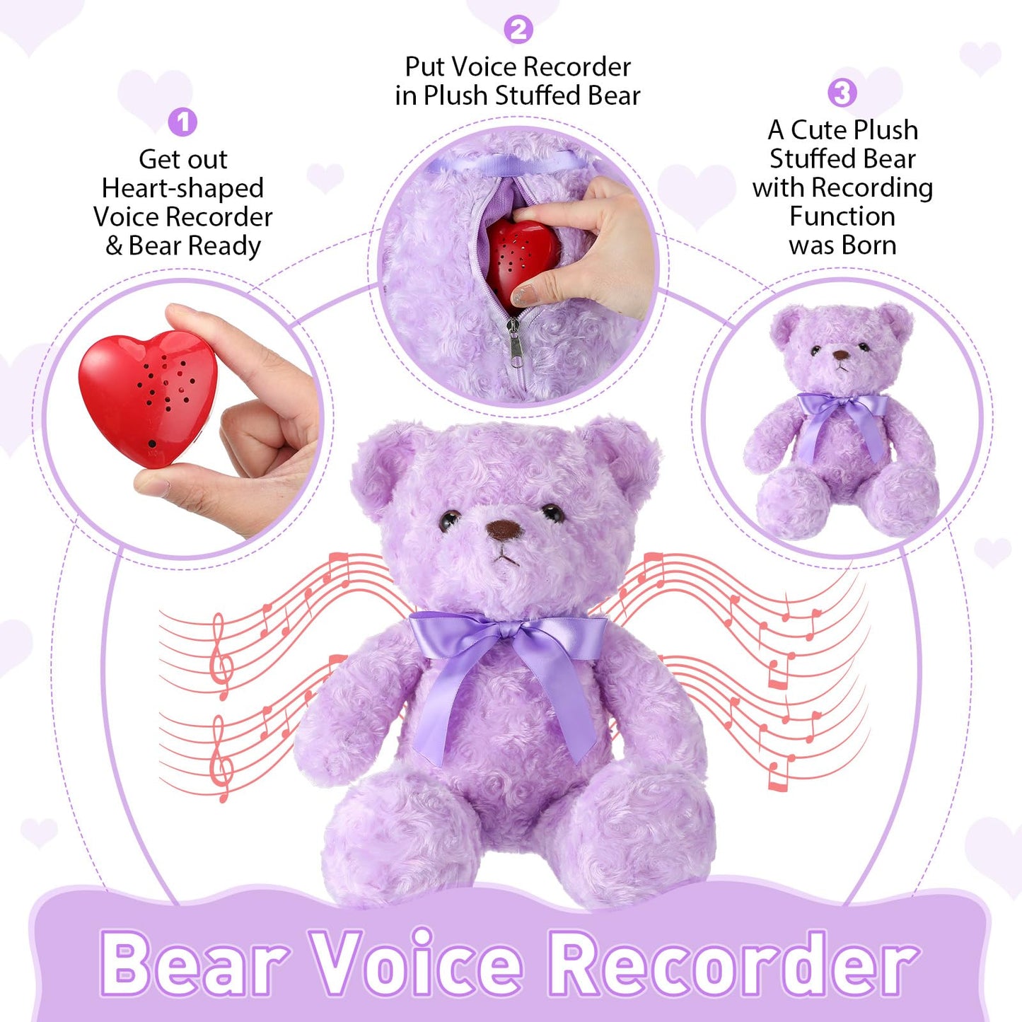 Hungdao Bear Stuffed Animals With Voice Recorder Set, 60 Seconds Voice Sound Recorder Module 16 Inch Soft Plush Bear Cute Stuffed Bear With Zipper Sound Box Recordable Heart For Boys Girls (Purple)