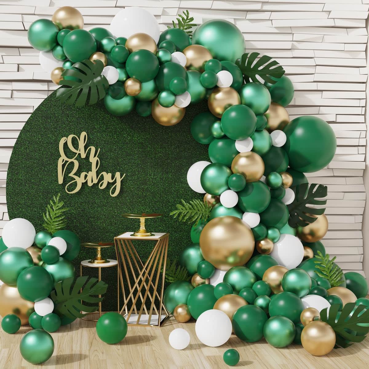 128Pcs Jungle Sarfari Balloon Garland Arch Kit, Double Stuffed Emerald Green Matellic Gold White Balloons With Artificial Palm L