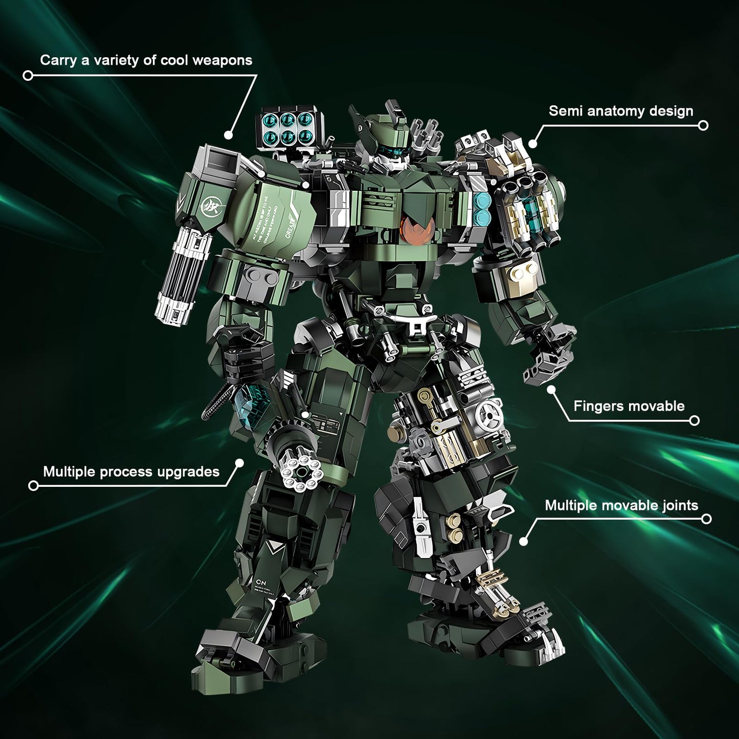HIGH GODO Motorized Robot Building Kit, 1403 Pieces, Large Green Plastic Model for Ages 14+, Industrial Style Collectible
