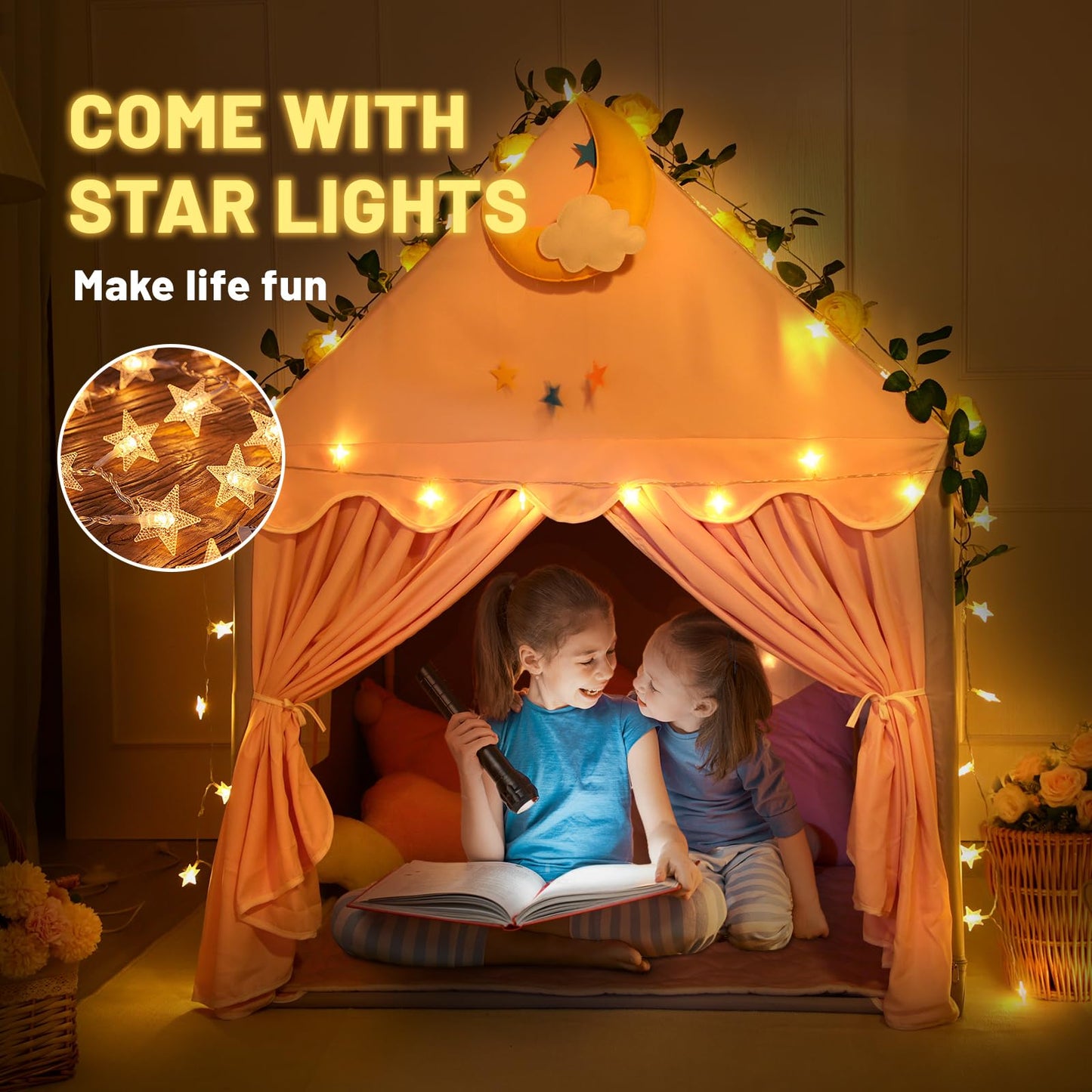 Wilwolfer Kid Tent With Mat, Star Lights - Kids Play Tents For Toddlers Kids Tents Indoor Playhouse - Princess Tent For Girls Toy House Gift (Gray With Cloth)