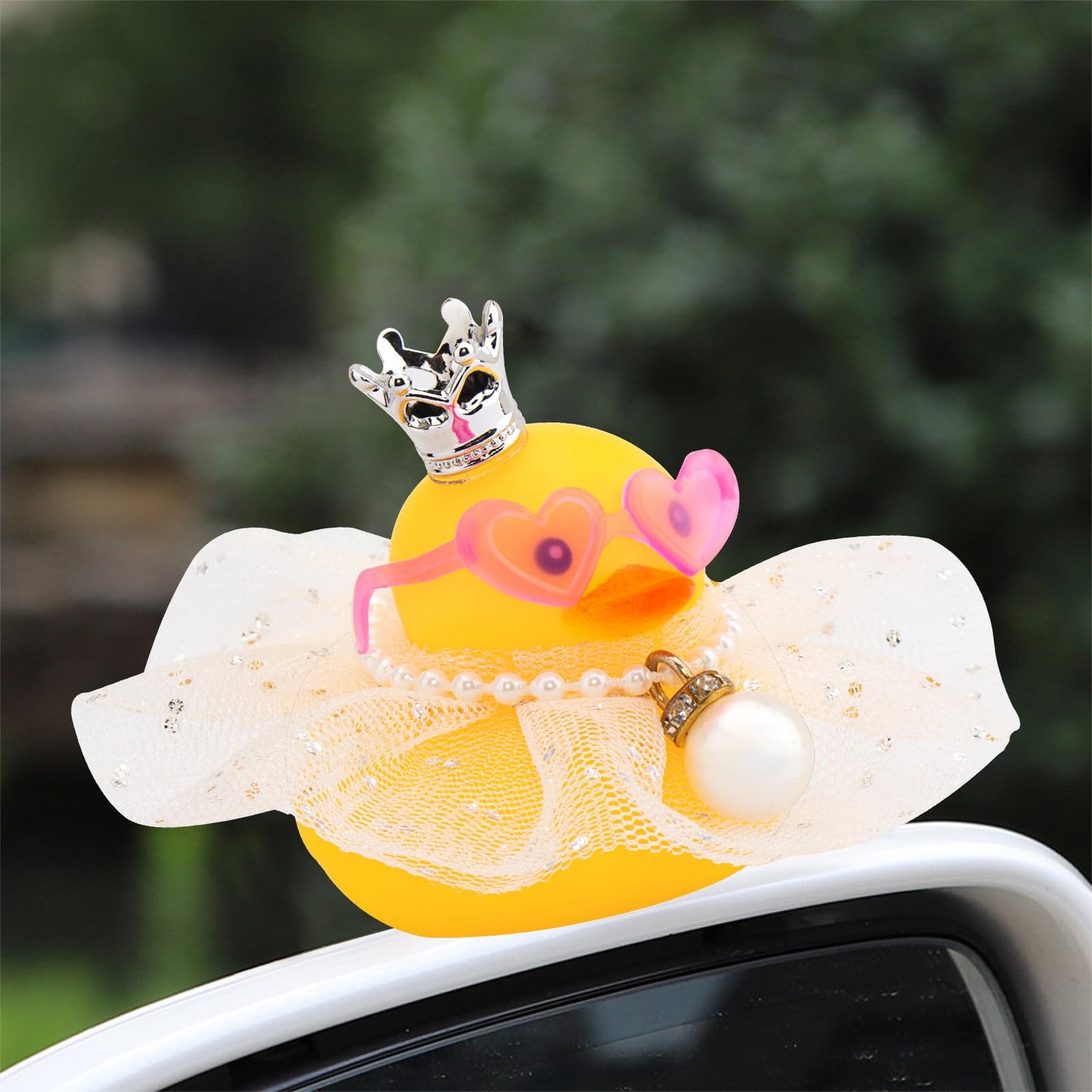 wonuu Rubber Duck Car Dashboard Decoration  Duck Car Ornament Cute Car Accessories with Mini Crown Dress Pearl Necklace Glasses  Pink Heart-Shaped Sunglasses Starry Skirt