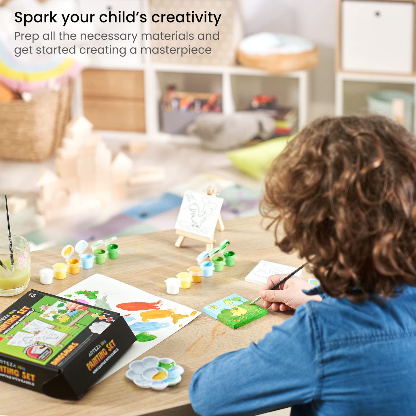 Arteza Kids Dinosaur Painting Kit, 4 Canvases 3 X 3 Inches, 4 Easels, 12 Acrylic Paints, 2 Paint Brushes, 1 Palette, Kids Activities For Ages 6 And Up