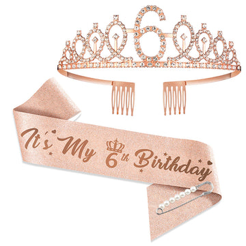 6Th Birthday Tiaras And Crowns For Women Girls, Birthday Decorations Rose Gold Sash Crystal Tiara Party Supplies