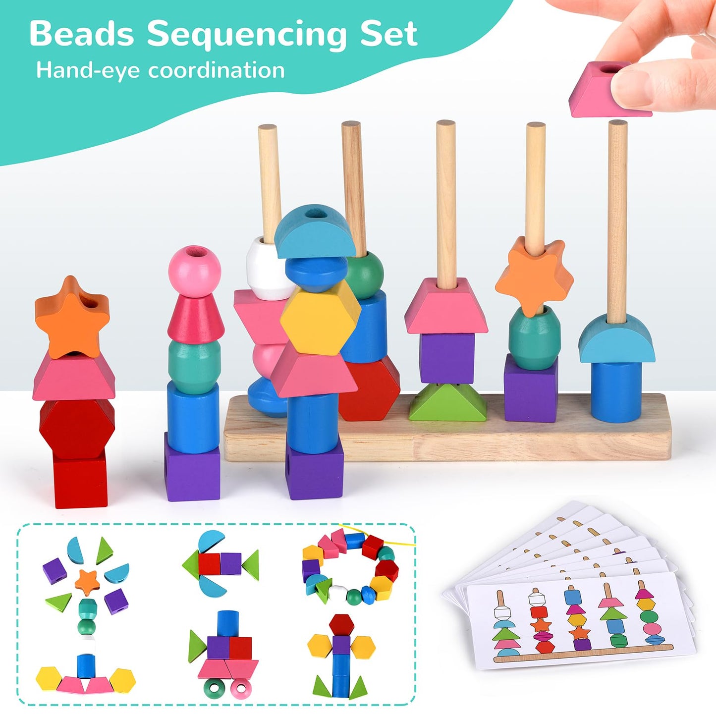 Montessori Bead Sequencing Toy Set, Wooden Stacking Blocks & Lacing Beads & Matching Shape Colors Stacker, Montessori Toys for 2