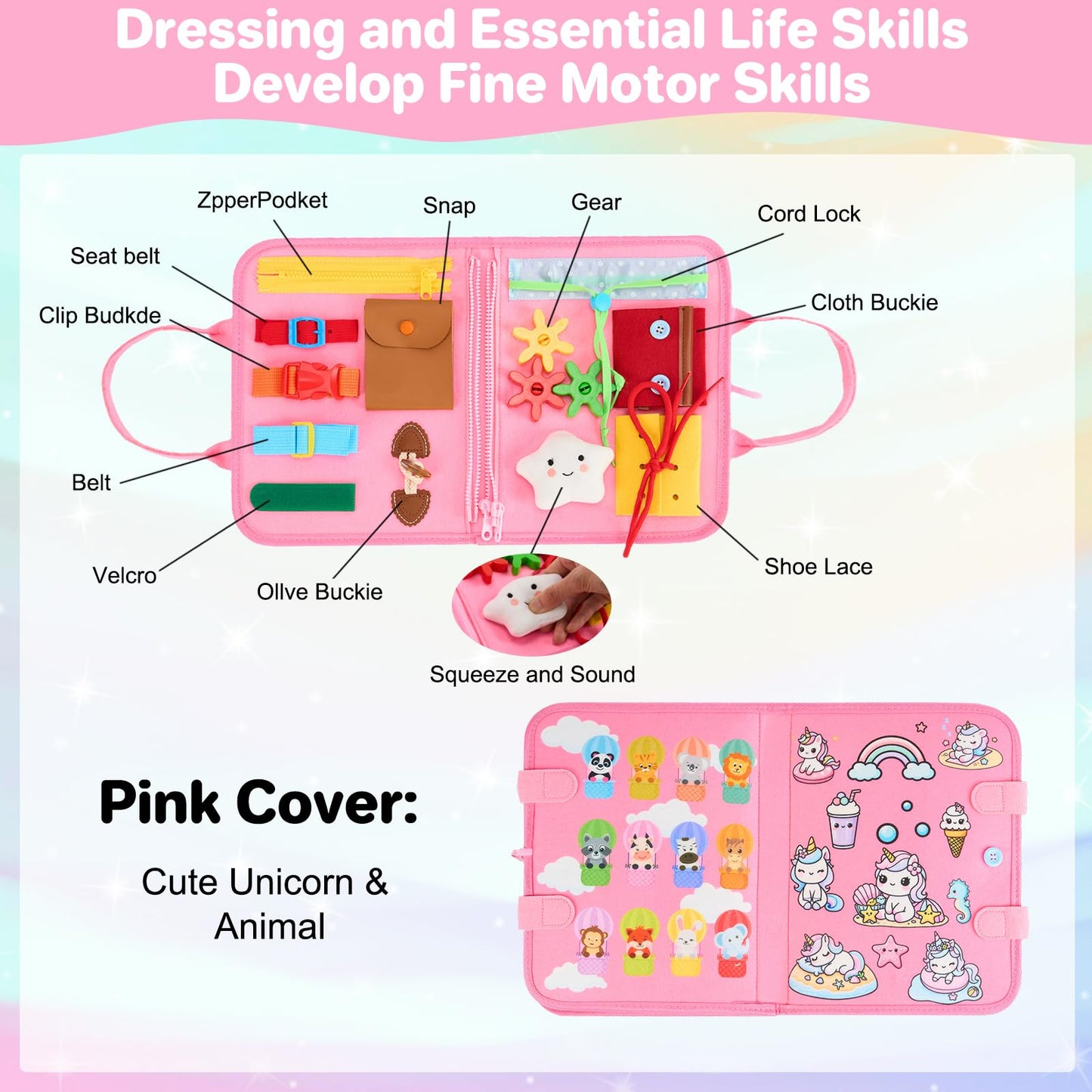 Toysym Toddler Busy Board Montessori Toys, Sensory Toys For 1 2 3 4 Year Old Girl, Busy Book Travel Educational Activities For L