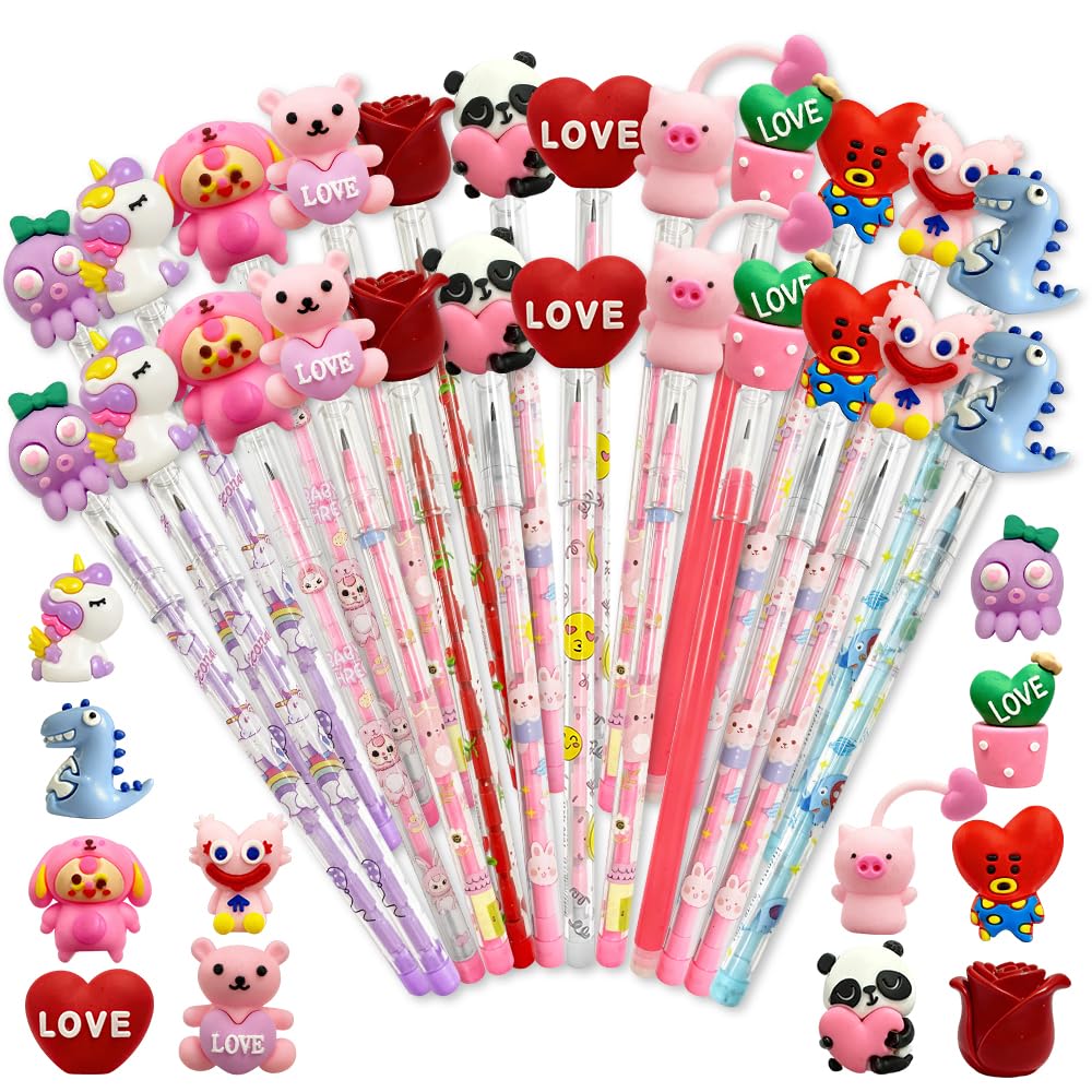 AWEELON 24 Pcs Valentine s Day Pencils Bulk Multi Point Push Pencils with for Valentine s Day