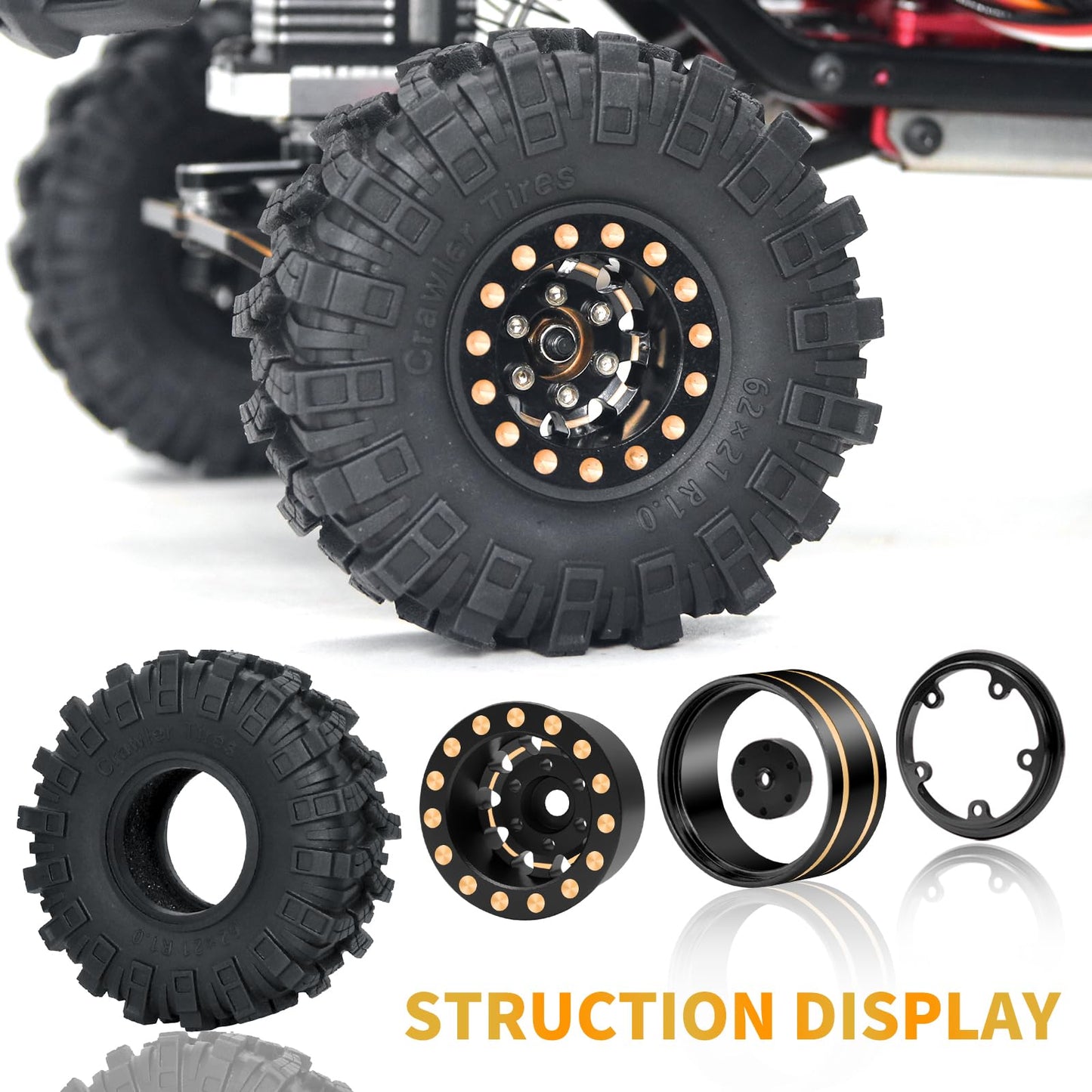 OGRC 1.0 RC Wheel and Tires Brass Negative Offset 7mm Wheels with New Compound 1.0 Tires for 1/18 TRX4M 1/24 SCX24 C10 JLU Deadb