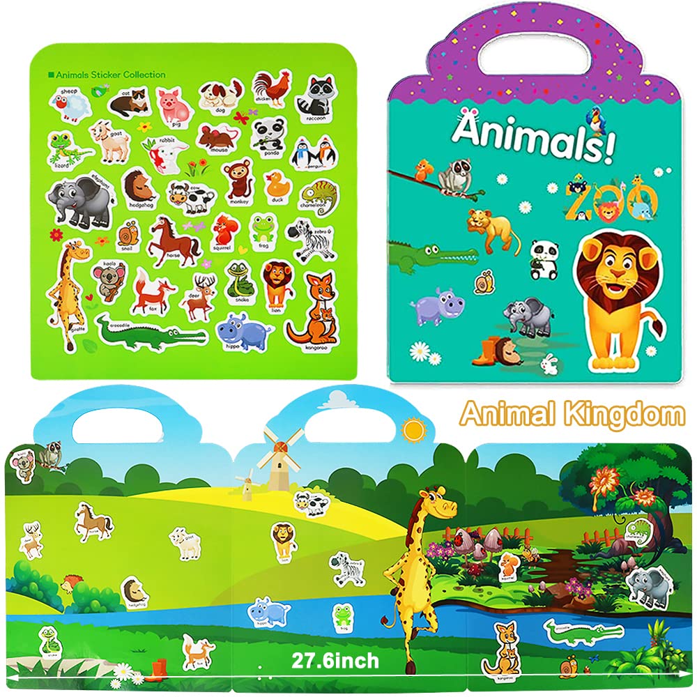 Reusable Sticker Books For Kids, 3 Sets Travel Removable Toddler Sticker Books For 2 3 4 5 Year Old Girls Boys Birthday Gifts Educational Learning Toys For Age 2-4 - Farm & Zoo Animal, Vehicle