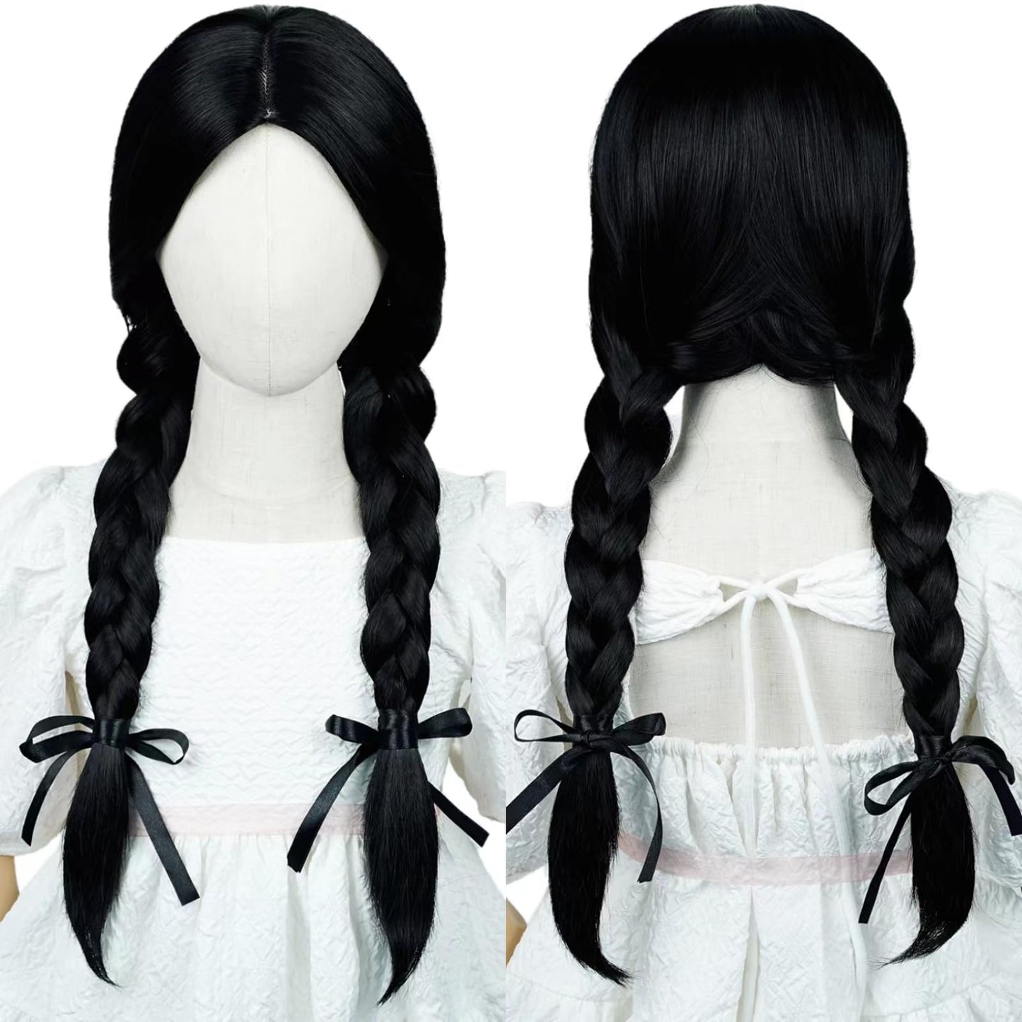 Black Braided Wig For Kids Girls Long Middle Part Kid'S Cosplay Wig Toddler Heat Resistant Synthetic Hair With Hairnet For Hallo