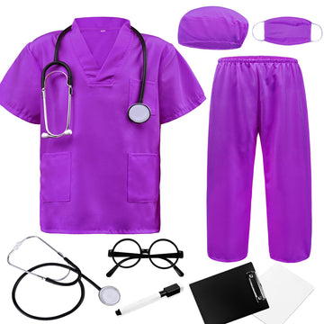 Zzihan Doctor Costume For Kids Purple Scrubs Sets Nurse Scrubs Costume Veterinarian Costume Doctor Coat Accessories Toys Stethos