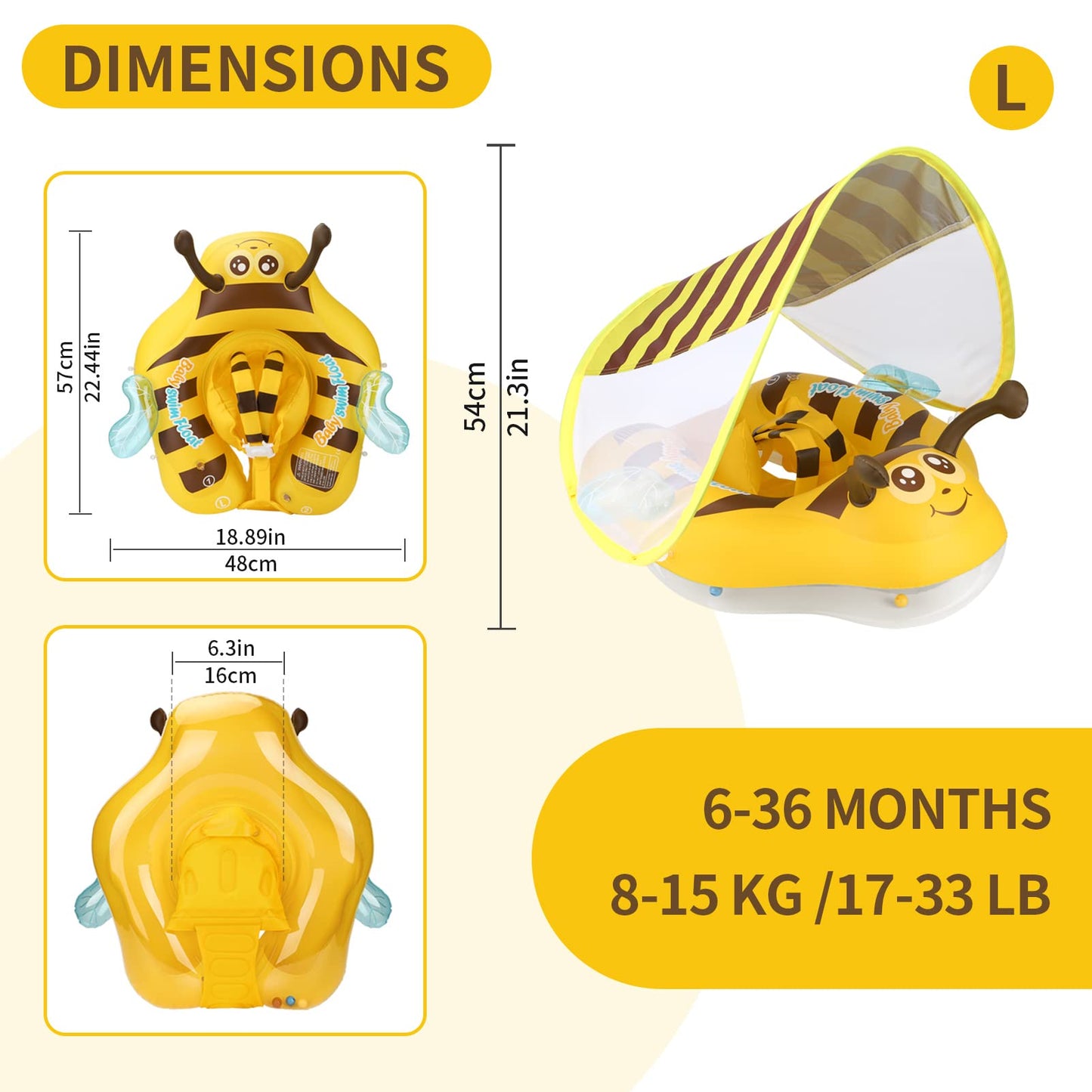 Free Swimming Baby Inflatable Baby Pool Float Ring Size Improved Bumble Bee Toddler Swim Trainer for Age of 3-36 Months (Yellow  Large)
