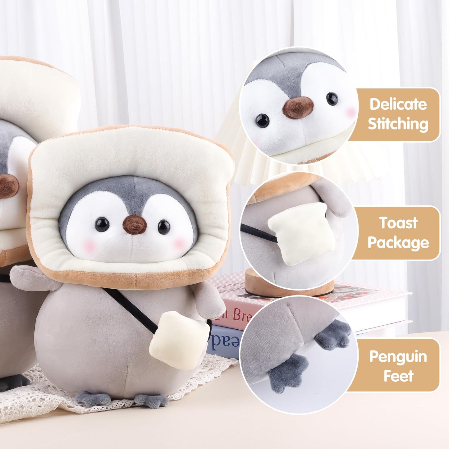 Anboor 9.8'' Toast Penguin Stuffed Animal, Cute Penguin Soft Plush Toy With Bread Outfit, Stuffed Penguin Plushies Animals Toys