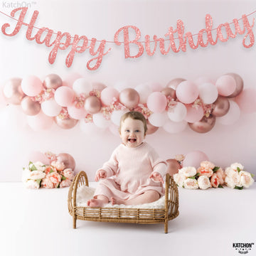 Katchon, Cursive Glitter Rose Gold Happy Birthday Banner - Pre-Strung, 10 Feet, No Diy | Rose Gold Happy Birthday Party Decorations | Happy Birthday Sign Girls | Happy Birthday Decorations For Women