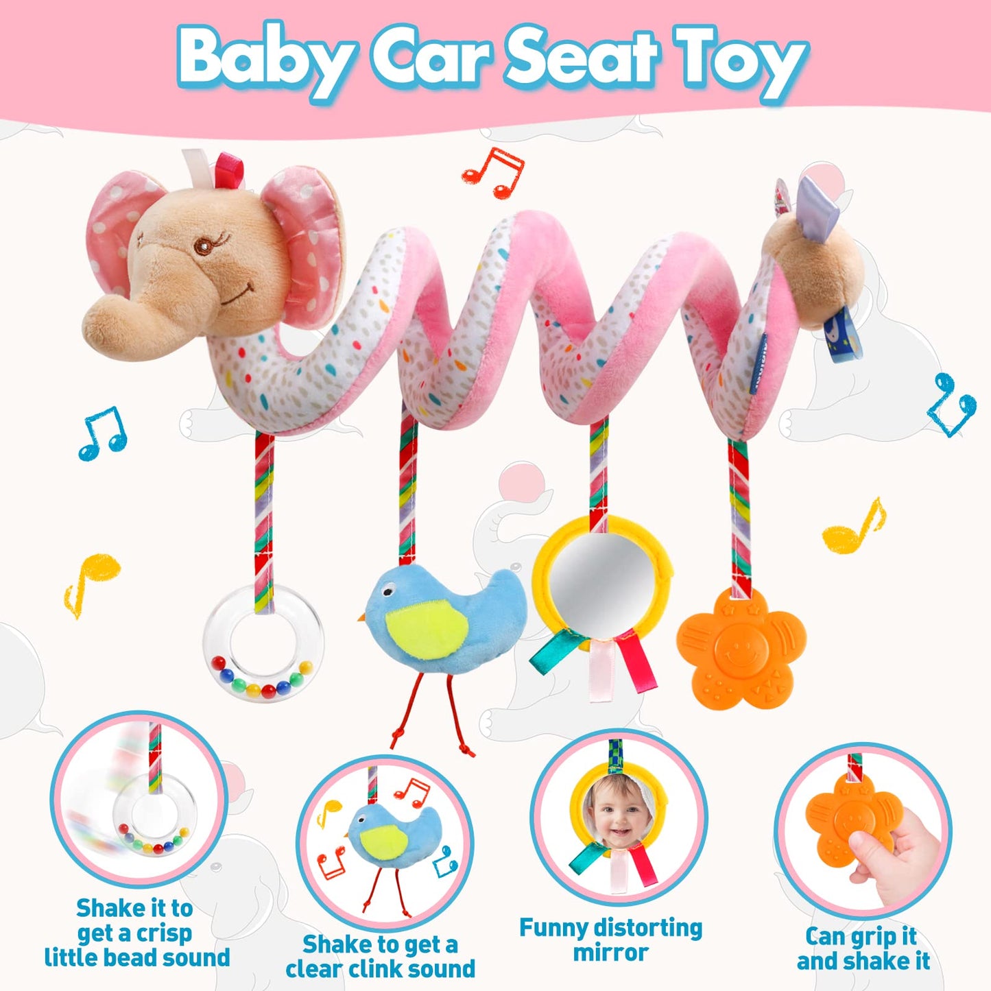 Baby Car Seat Toys Activity Stroller Toy For Boys Girls 0 3 6 9 10 12 Months, Spiral Hanging Plush Toys, Baby Shower Thank You Gifts