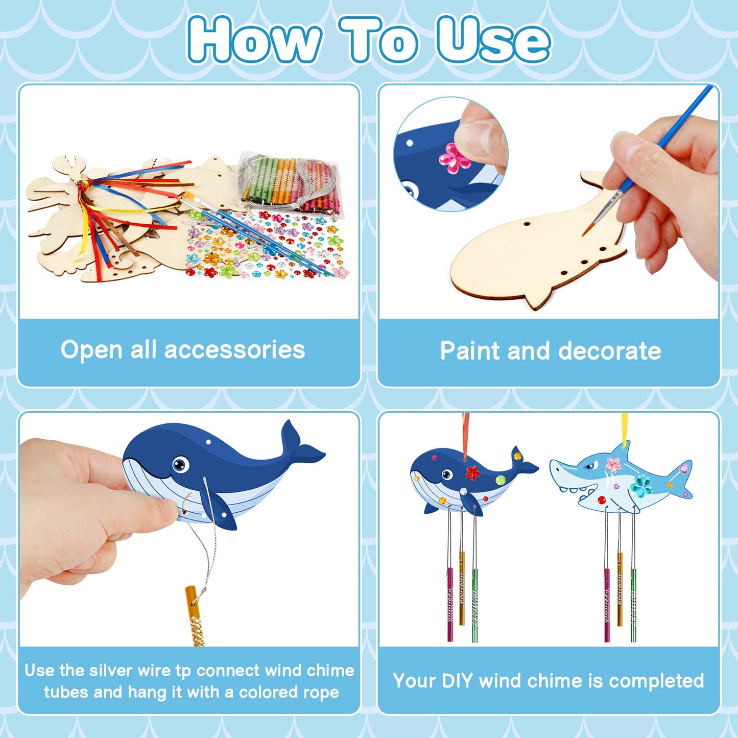 Fennoral 9 Pack Wind Chime Kit For Kids Make Your Own Ocean Animals Wind Chime Wooden Arts And Crafts For Girls Boys Ornaments D