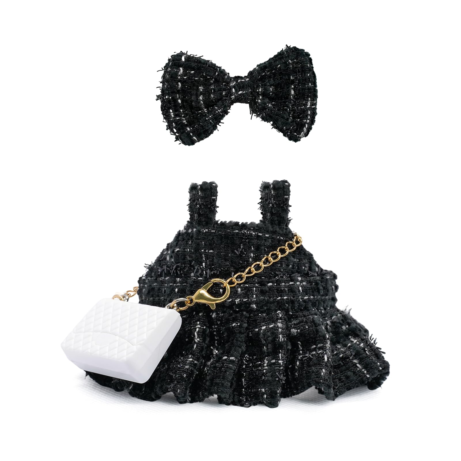 17cm Doll Clothes - enhanced Handmade Clothes 3 Piece Set Black Bow & Dress & White Bag Adjustable Outfit - elegant Chic Style Set High-End Fashion Accessories (No Doll) - No Logo