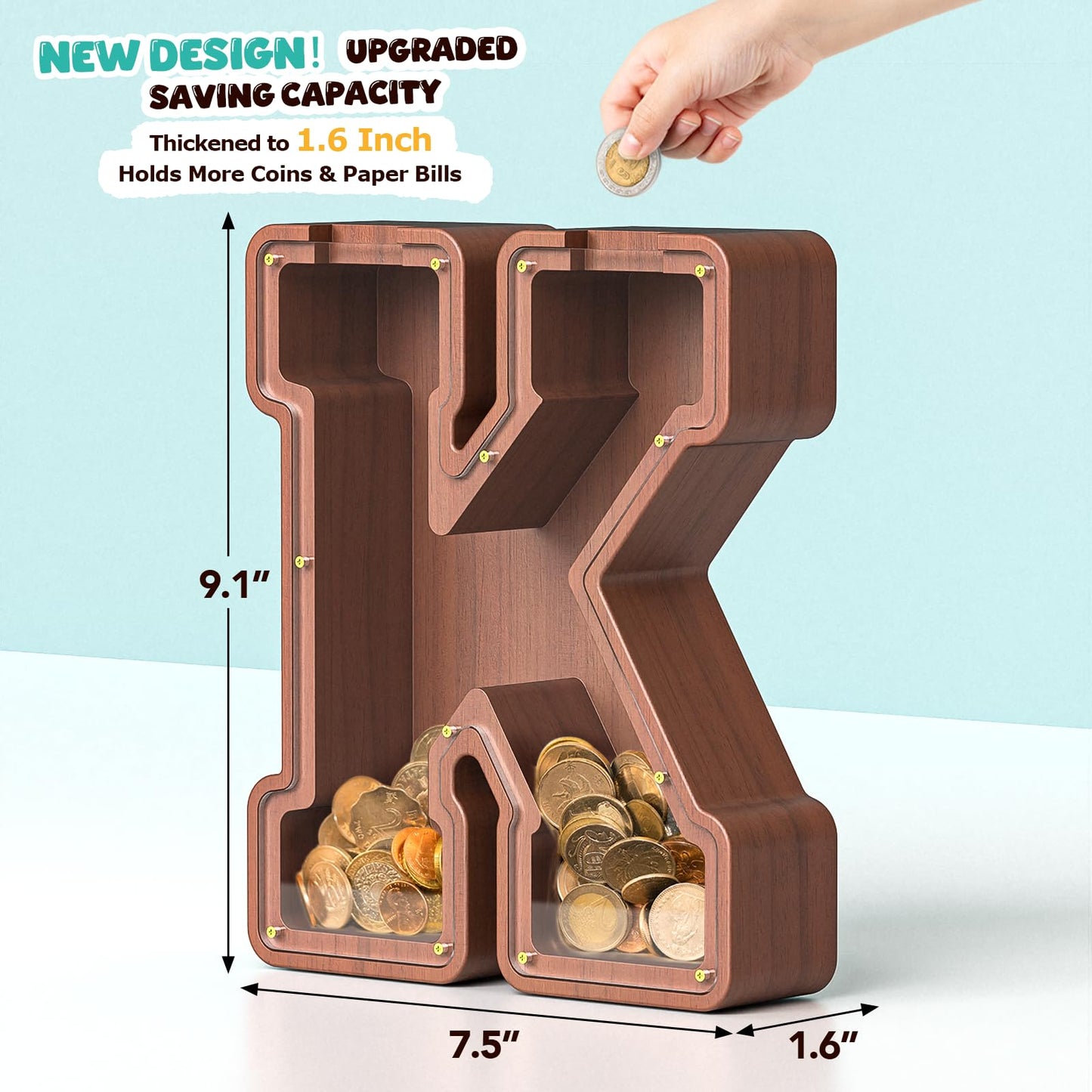 Summidate Wooden Letter Piggy Bank  Extra Thick Large Capacity Piggy Bank for Kids Boys Girls Toddler  Alphabet K Money Bank| Coin Box Birthday  Christmas  Festival