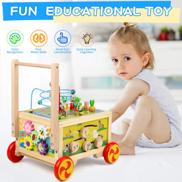Wooden Activity Cube 7-In-1 Montessori Toy Multipurpose Educational Learning Toy For 1+ Year Old Baby Toddler Kid Boy First Birthday Gift Bead Maze Gear Number Animal Board Carrots Harvest Game