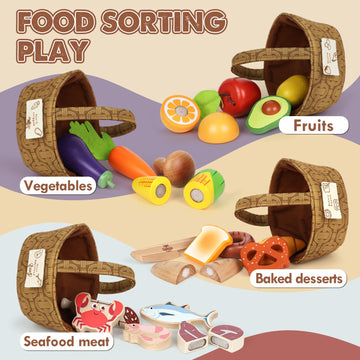Lehoo Castle Wooden Play Food for Toddlers, Pretend Play Kitchen Accessories, 4 Food Groups, Montessori Sorting Toys for Toddler