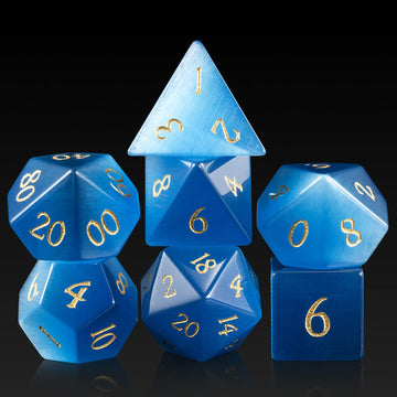 DNDND Gemstone Dice Set 7 PCS Aquamarine Dice with Gift Case for DND Dungeons and Dragon Tabletop Game (Blue Cat's Eye)