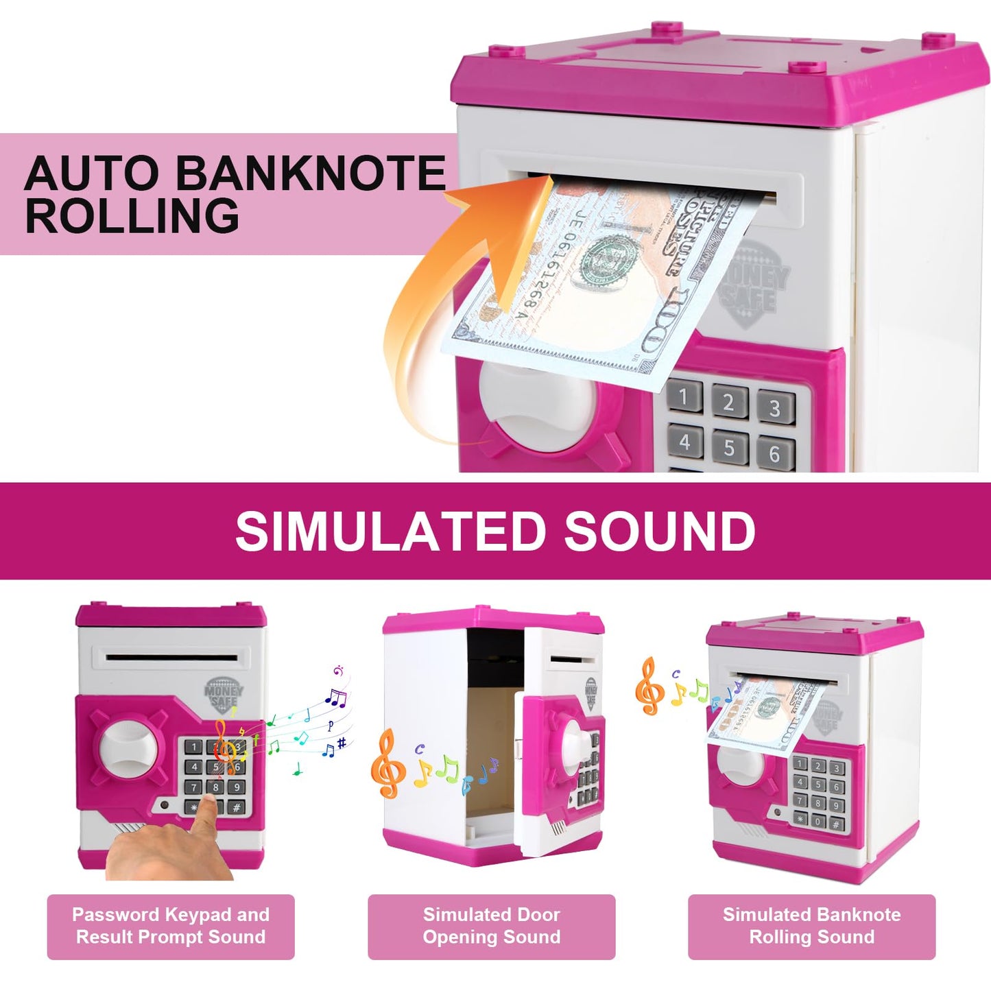 Pup Go Electronic Piggy Bank for Kids Ages 3+ Years Old  ATM Money Safe with Pasdecorative replica blade Auto Cash Scroll  Kids Savings Banks Coin Bank Kid Safe Box  Idea Birthday for Boys Girls (Pink)