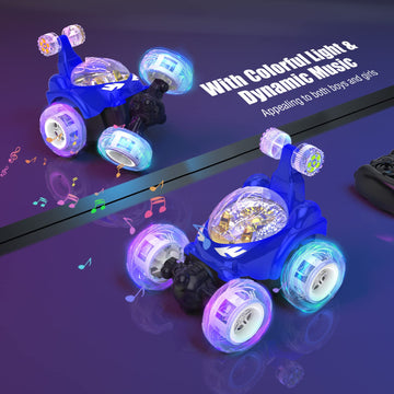 Kizeefun Remote Control Car, RC Stunt Car Invincible 360Rolling Twister with Colorful Lights & Music Switch, Rechargeable Remote