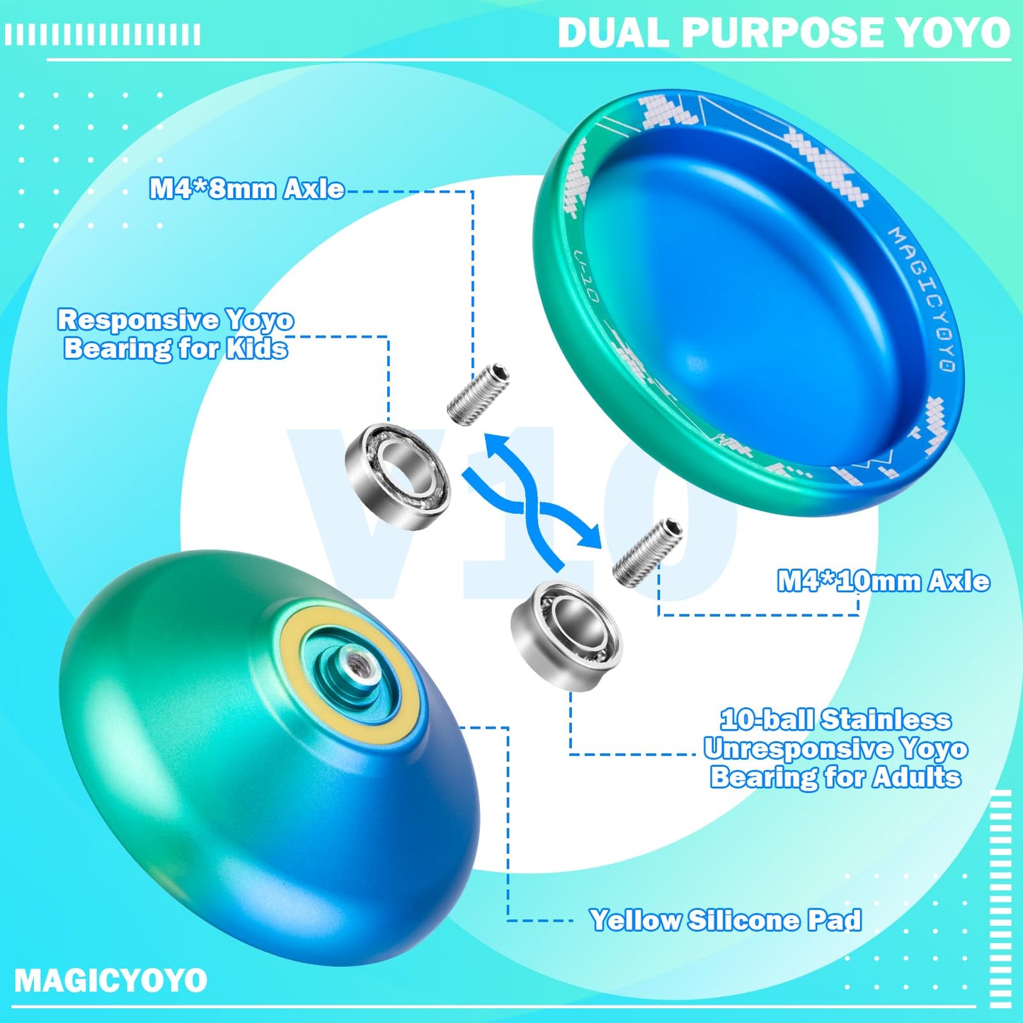 Magicyoyo Pack Of 2 Yoyos K1 Dark Blue &V10 Blue Green, Responsive Yoyo For Kids Beginners, Professional Unresponsive Yoyo For Adults Advanced, With 12 Yoyo Strings, Yoyo Case Storage Bag