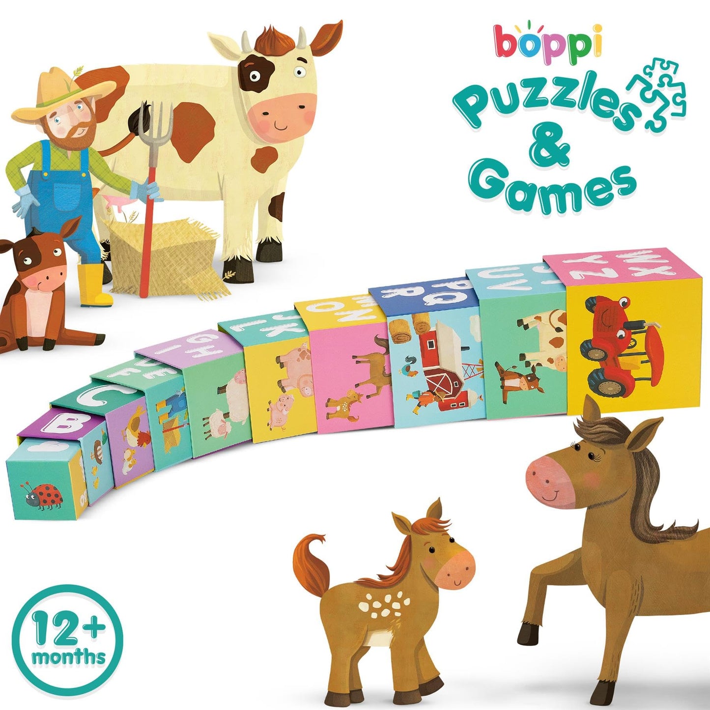 Boppi Baby Stacking Blocks Farmyard Animal Toys With Letters And Numbers, Montessori Cubes For Toddlers, Preschool Learning Toys