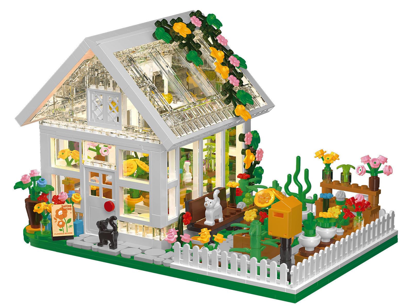 Flower House Building Mini Set with LED  City Street View Greenhouse Building Blocks Toy  Halloween Xmas Gift for Friends or Girls 8-12 Year