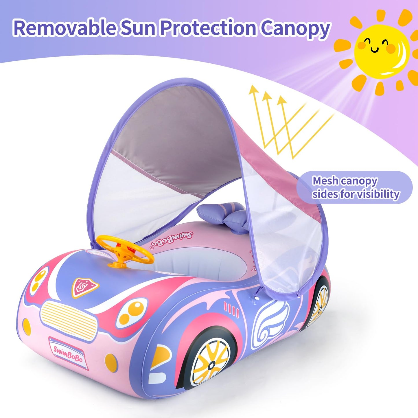 Swimbobo Toddler Pool Float Inflatable Car Baby Swim Float With Adjustable Sun Canopy And Safety Seat Pool Toys For Kids 1-4 Years Old (Princess Pink)