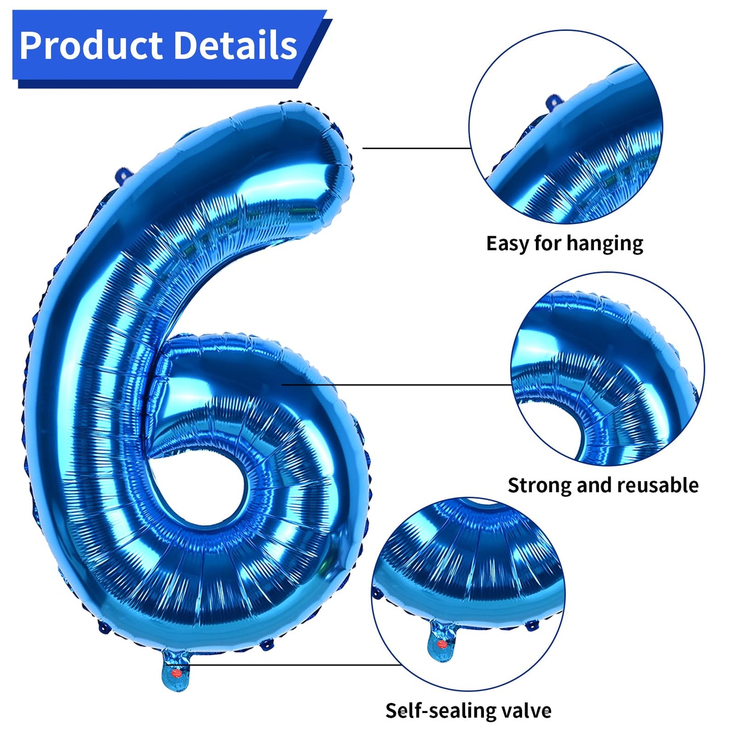 40 Inch Blue Number 6 Balloon, 6Th Birthday Balloons, 11Pcs Silver Birthday Print Balloons Dark Light Blue Latex Balloons 6 Foil