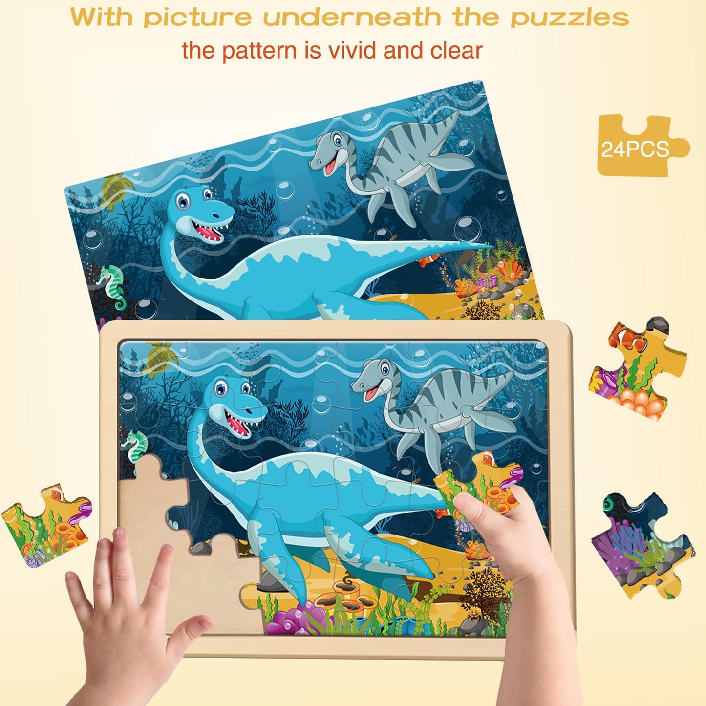 Puzzles For Kids Ages 4-6, 4 Pack Wooden Jigsaw Puzzles With 24 Pieces Each, Dinosaur Puzzle Preschool Educational Learning Toys