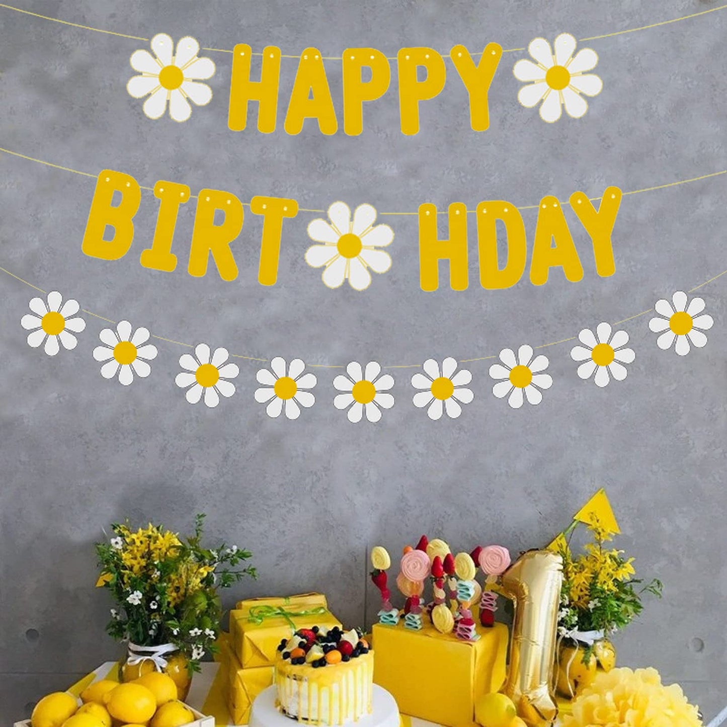 Zwiebeco Yellow Daisy Birthday Party Decoration Supplies - Yellow Little Daisy Happy Birthday Sign Banner Bunting Garland Hangin