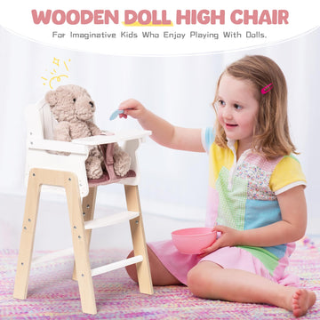 Robotime Wooden Baby Doll High Chair, Pink Wooden Baby Doll Chair For 18 Inch Dolls, Pretend Play High Chair Baby Doll Accessories, Small