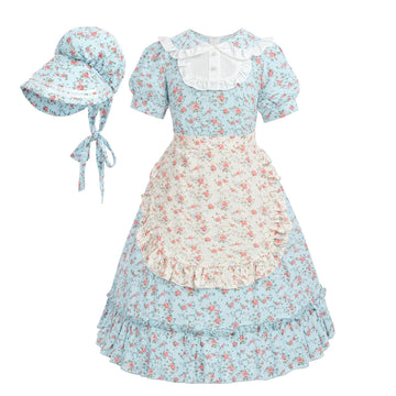 Nuoqi Prairie Dresses For Girls, Blue Laura Ingalls Wilder Costume Pioneer Colonial Dress With Apron, 4-5