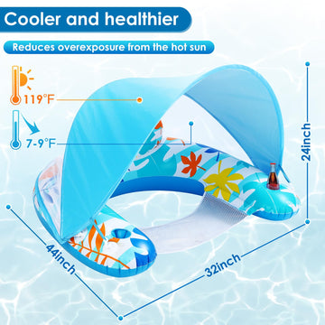 Laycol Adult Inflatable Pool Chair With Canopy, Ergonomic Headrest, Cup Holder, Blue, 47.5' X 37.5' X 27.5'