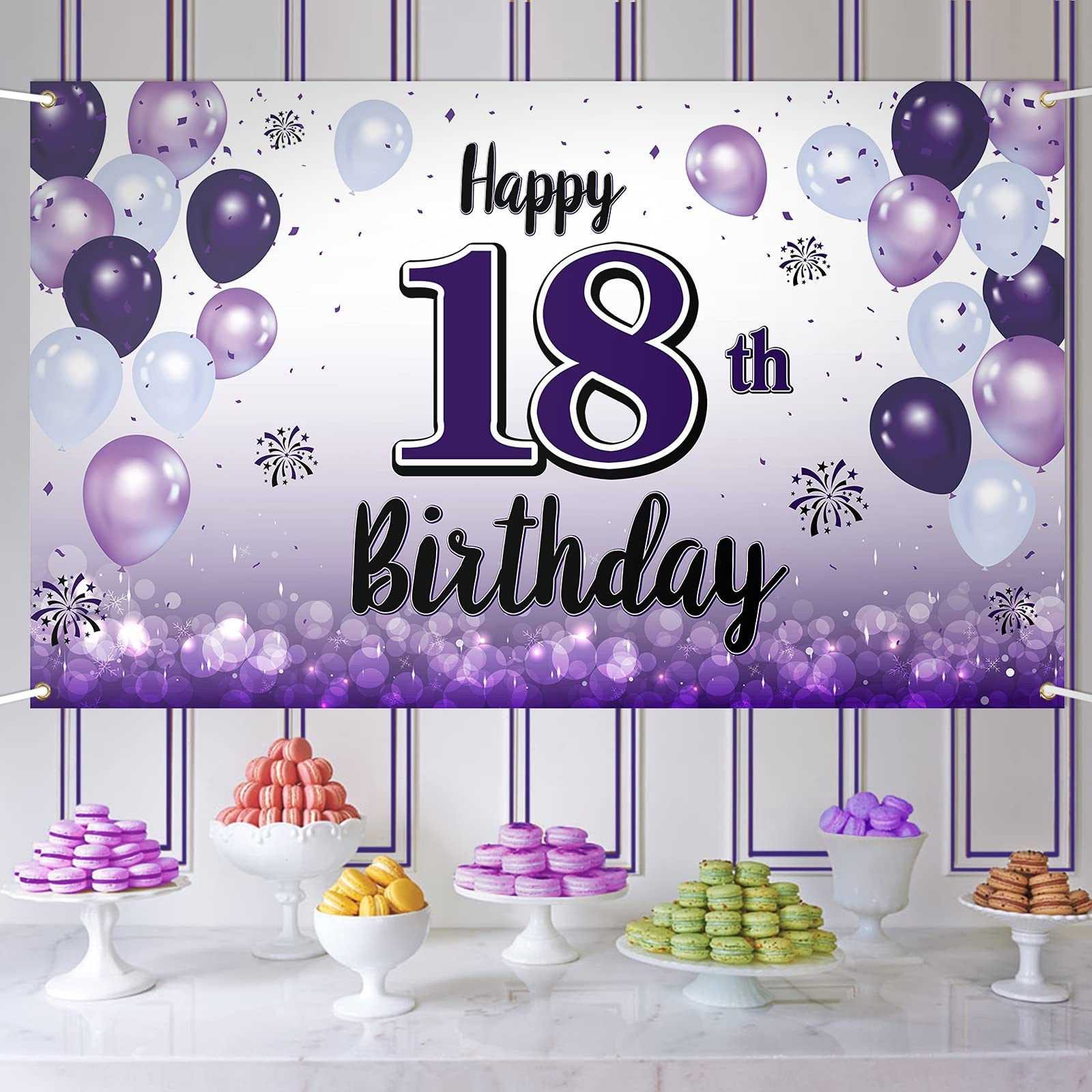 LASKYER Happy 18th Birthday Decorations,18th Purple Balloon Large Birthday Banner Backdrop Sign,Cheers to Eighteen Years Old Bda