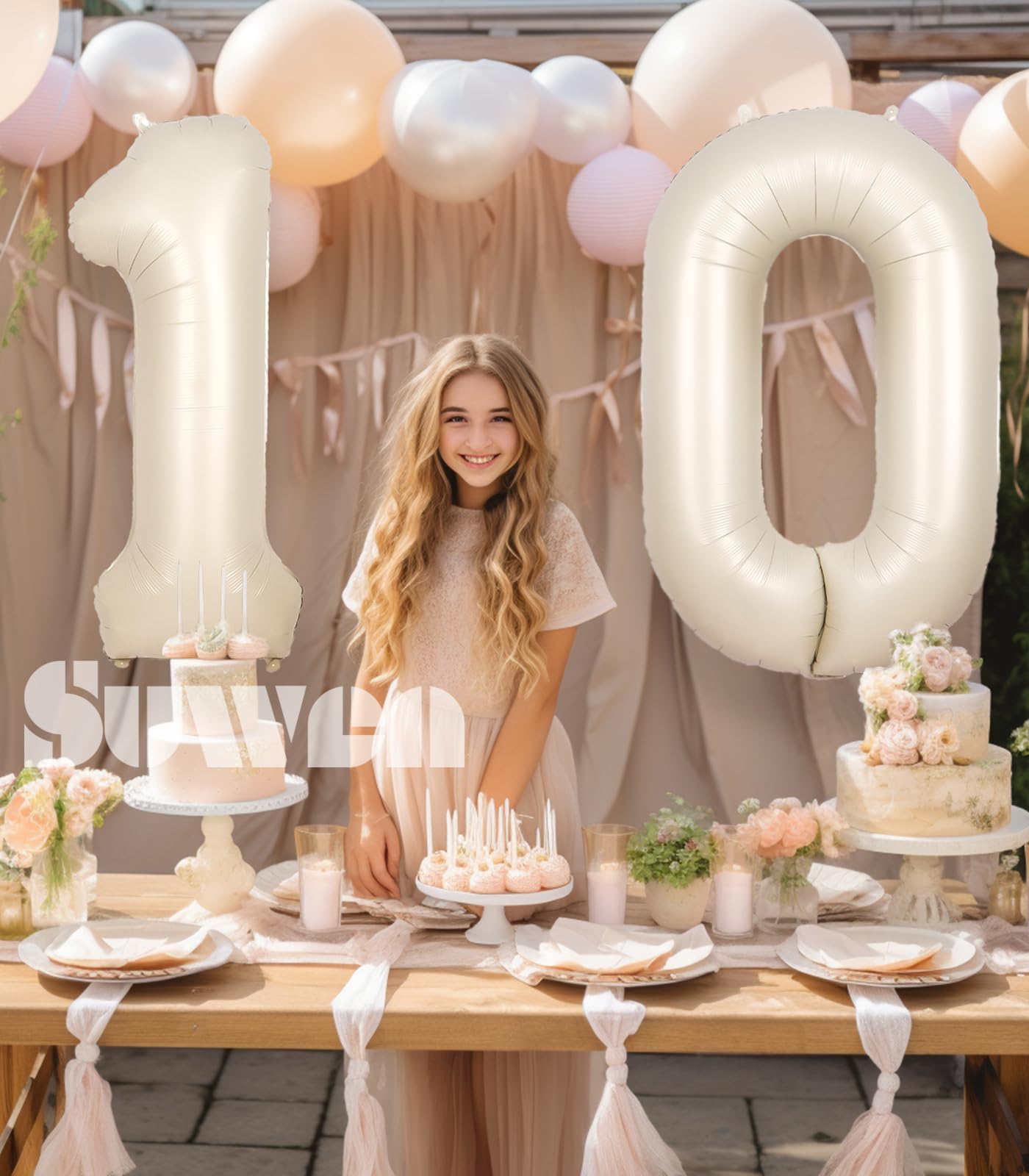 Suwen 40 Inch Cream White Large 10 Balloon Numbers Big Foil Helium Number Balloons 0-9 Jumbo Happy 10Th Mylar Birthday Party Dec