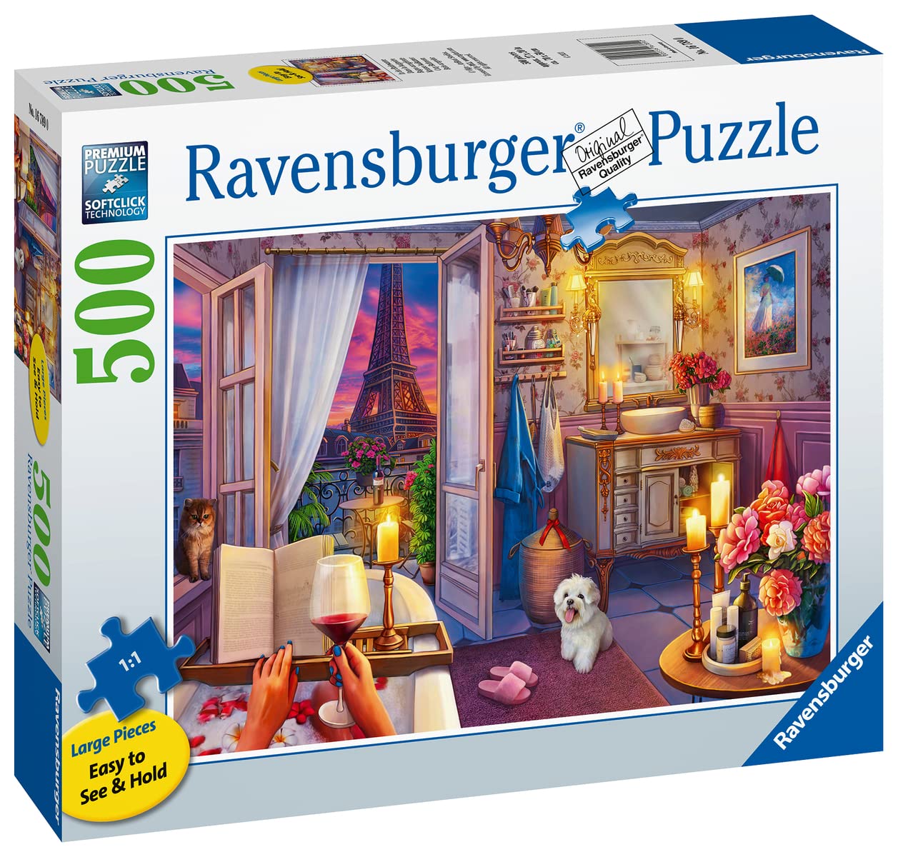 Ravensburger Cozy Bathroom Jigsaw Puzzle - 500 Piece Large Format | mature-themed Friendly | Unique Softclick Technology Vibrant & Glare-Free | FSC-Certified Sustainable Product