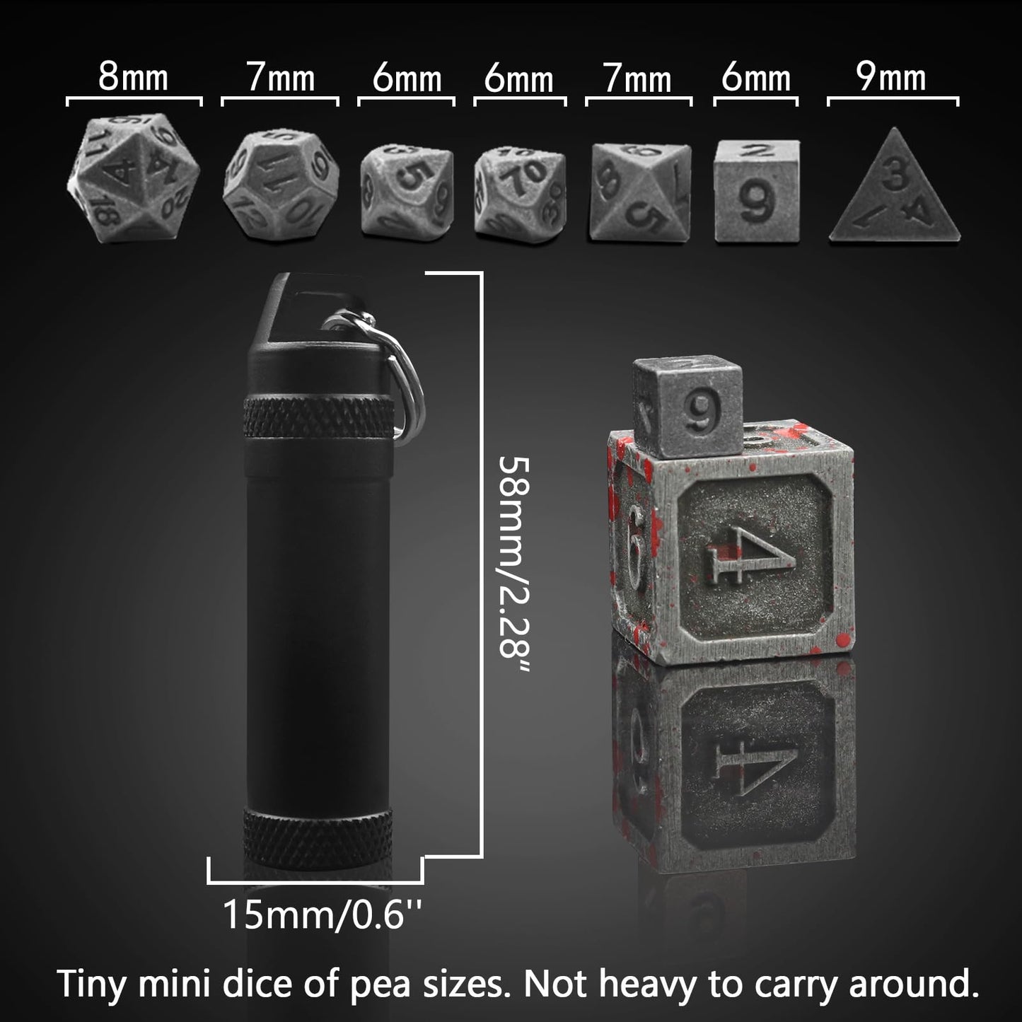 PJOY Mini Dice Set Portable Tiny Keychain DND Dice with D&D Dice Case 7PCS Antique Copper Small Metal Dice Set for Role Playing