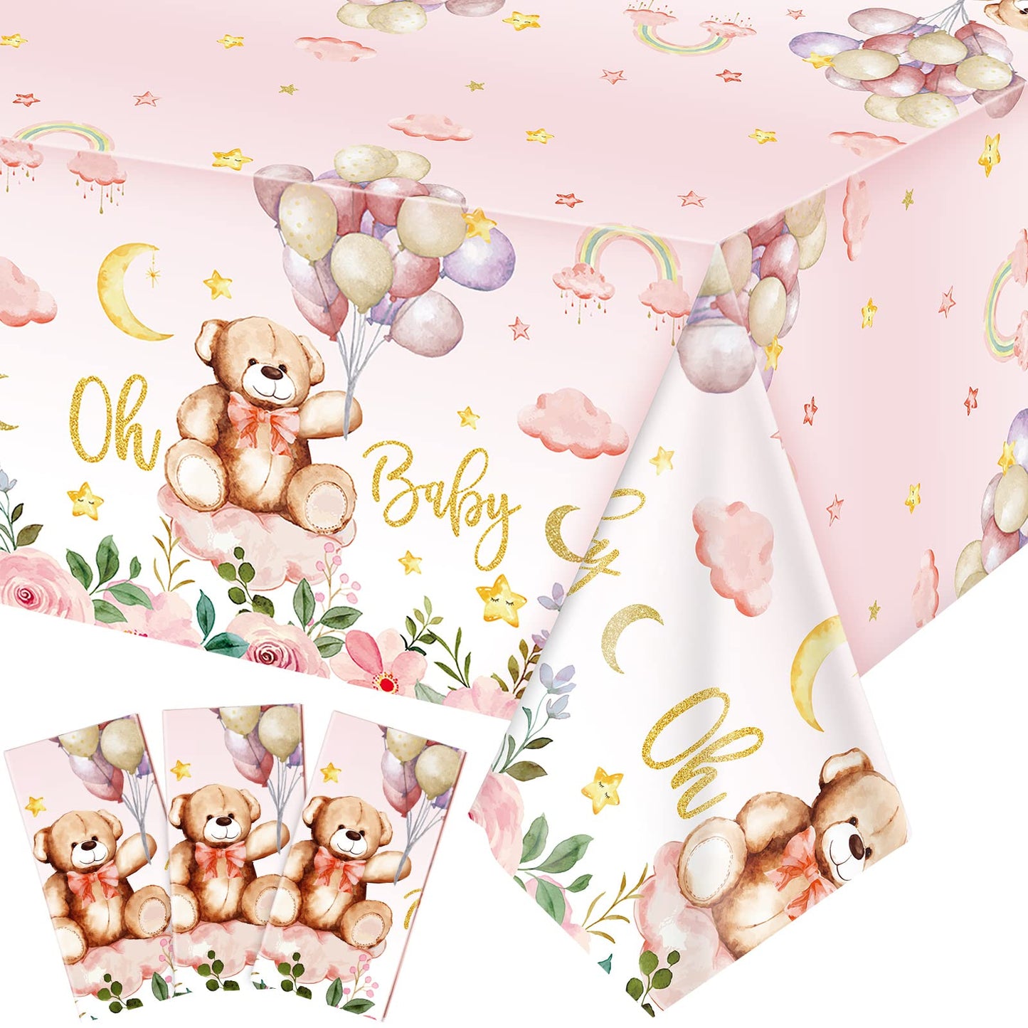 3 Pack Teddy Bear Baby Shower Tablecloth Plastic Table Cover Balloon Bear Rectangle Tablecloth For Boy Girl Gender Reveal Birthday Baby Shower Bear Theme Party Decor, 54 X 108 Inch (Pink)