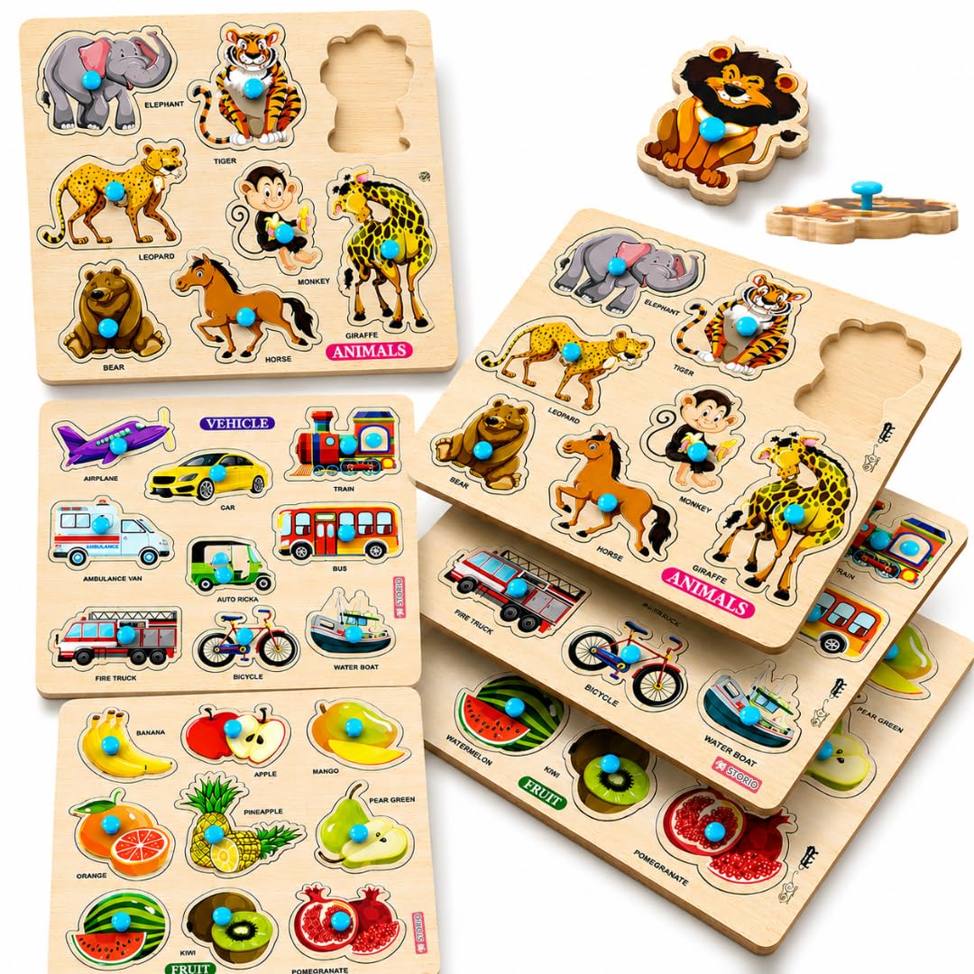 Storio Wooden Puzzle Combo Set for Kids, Vehicle Fruit & Animal Knob Puzzles, Montessori Educational Learning Toy, Fine Motor Sk