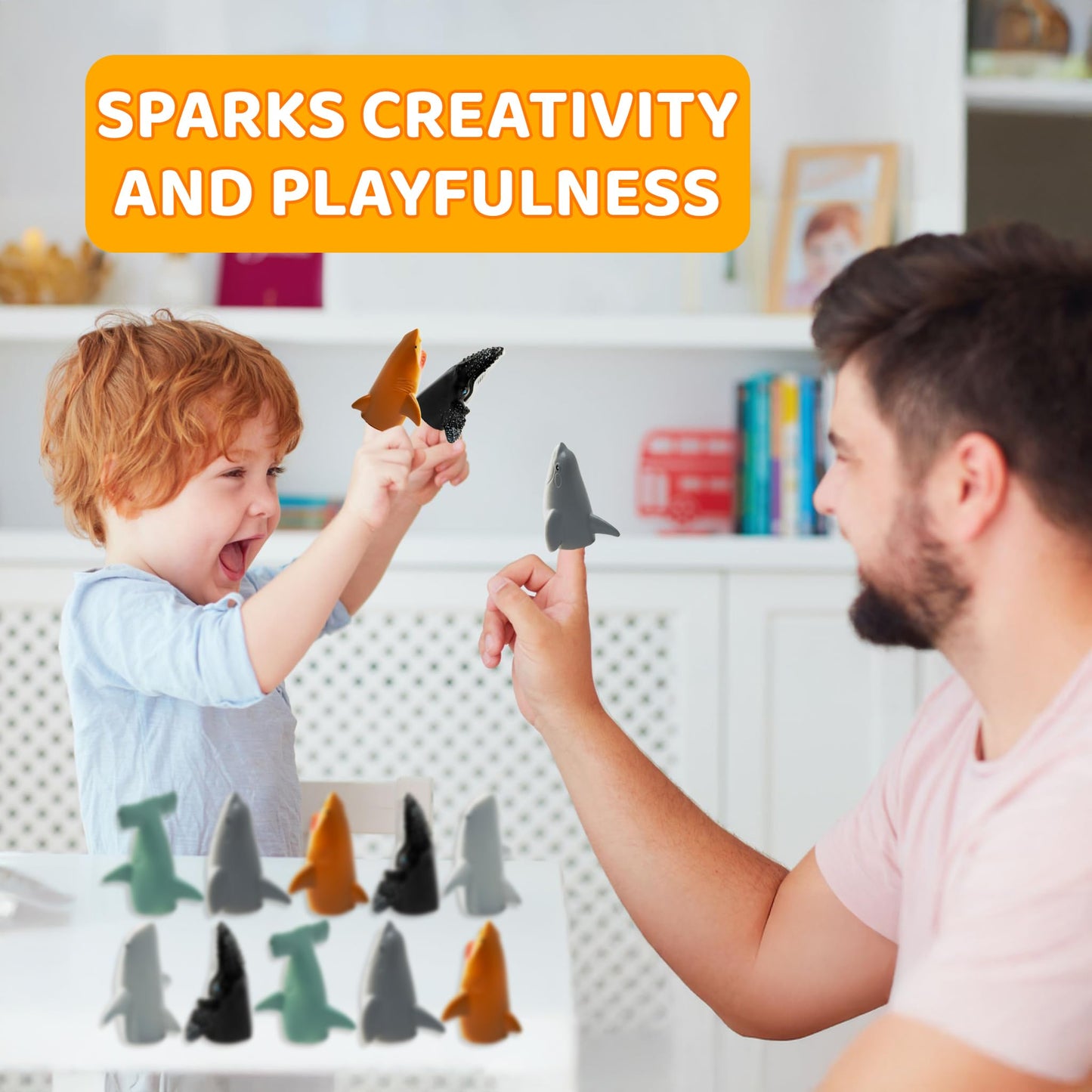 Kiddie Play Finger Puppets For Kids, 10 Pc Sharks Puppets Rubber Set For Story Time And Bath Toys