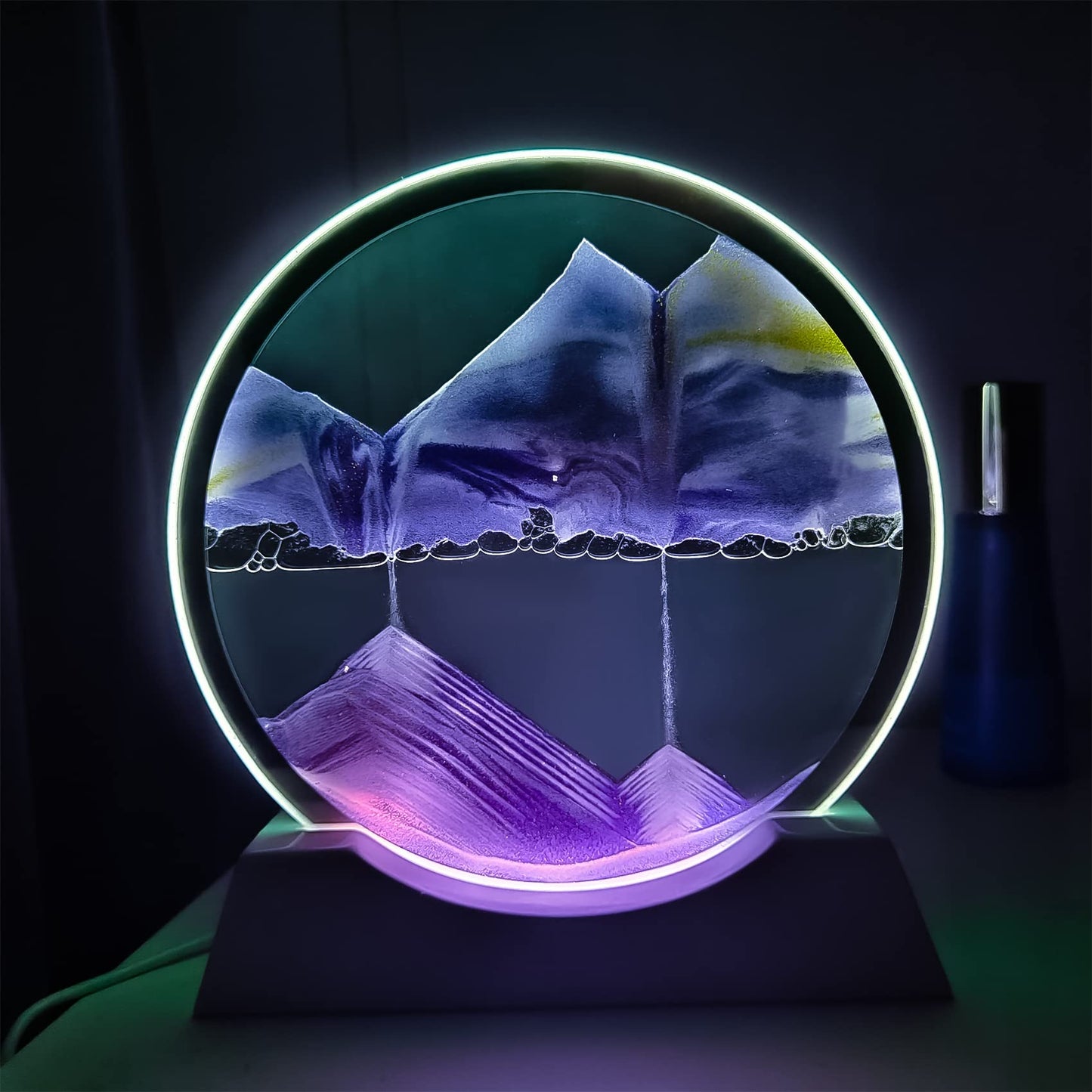 Akaco Sand Art Table Lamp - Moving Sand Art with Light, Round Glass, Purple Wood Base, Creative Home Decor Gift, Model AK-WOODSH-B-Purple