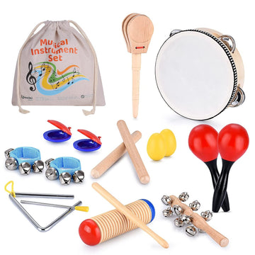 Boxiki Kids Musical Instruments Set Of 16 Pcs - Toddler Educational & Musical Percussion For Kids - With Tambourine, Maracas & C