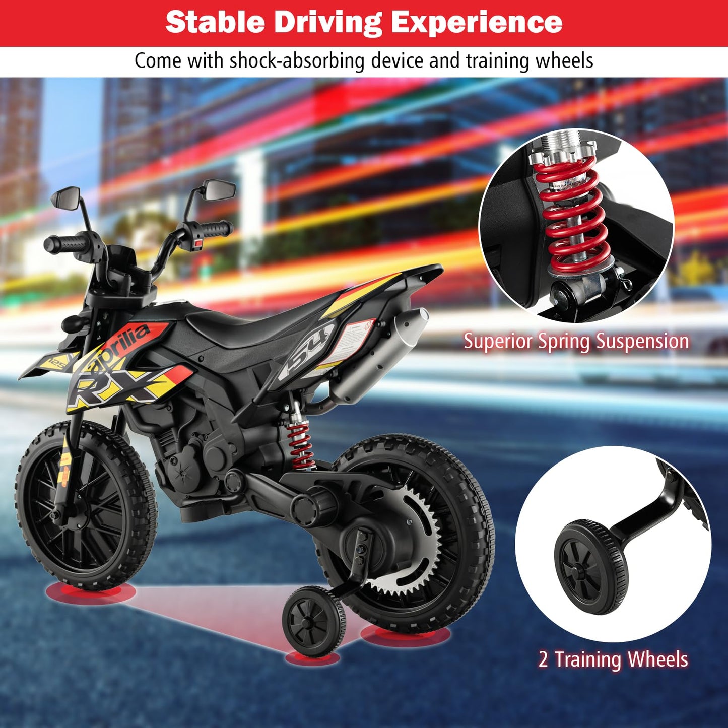 Infans Kids Motorcycle 12V, Licensed Aprilia Rx125 Electric Ride-On Motorbike For Toddlers With Training Wheels, Spring Suspension, Headlight, Music, Children Ages 3-8 (Yellow)