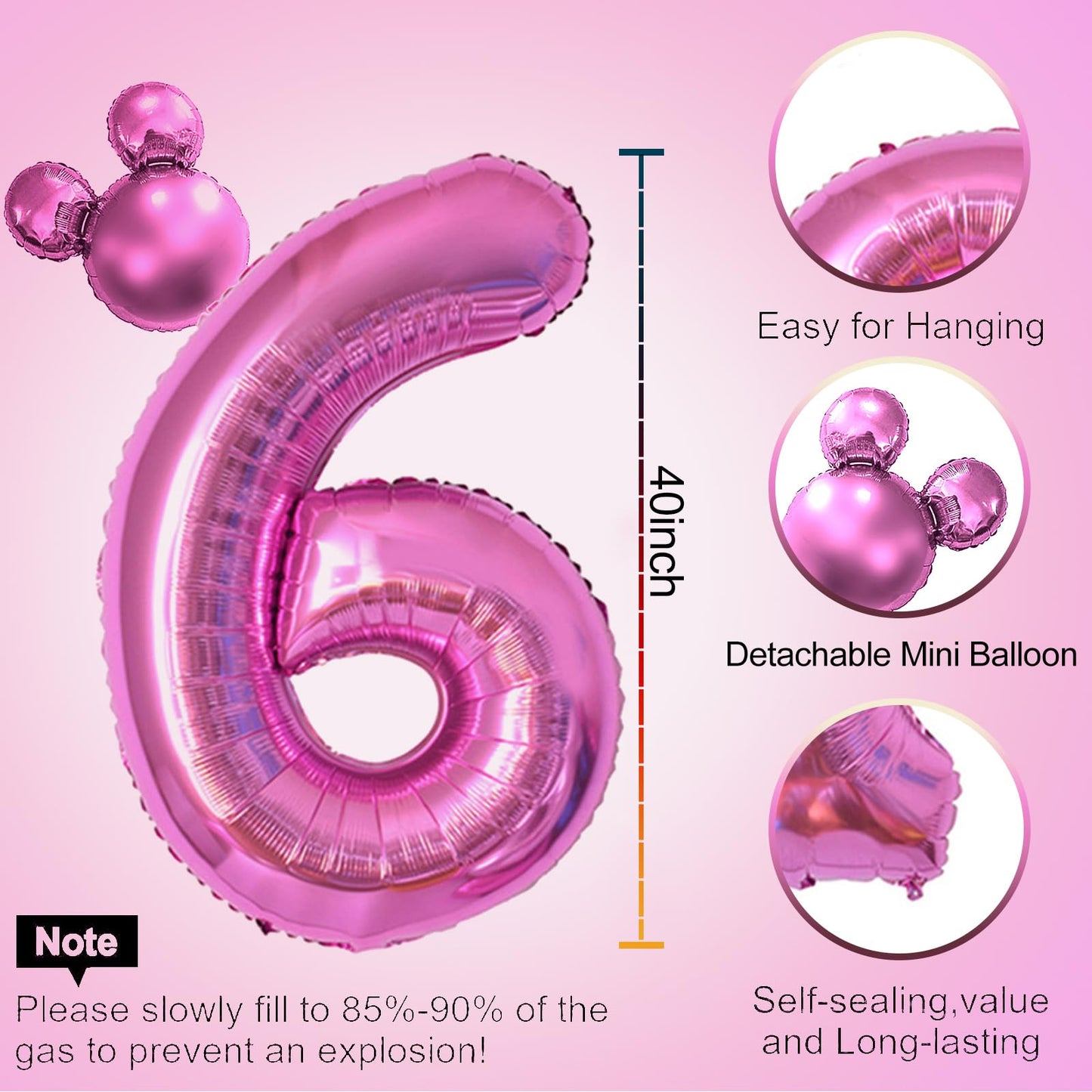 40 Inch Hot Pink Number 6 Balloon & Mini Mouse Head Balloon, 6Th Birthday Party Decoration Balloons, Cartoon Mouse Birthday Part