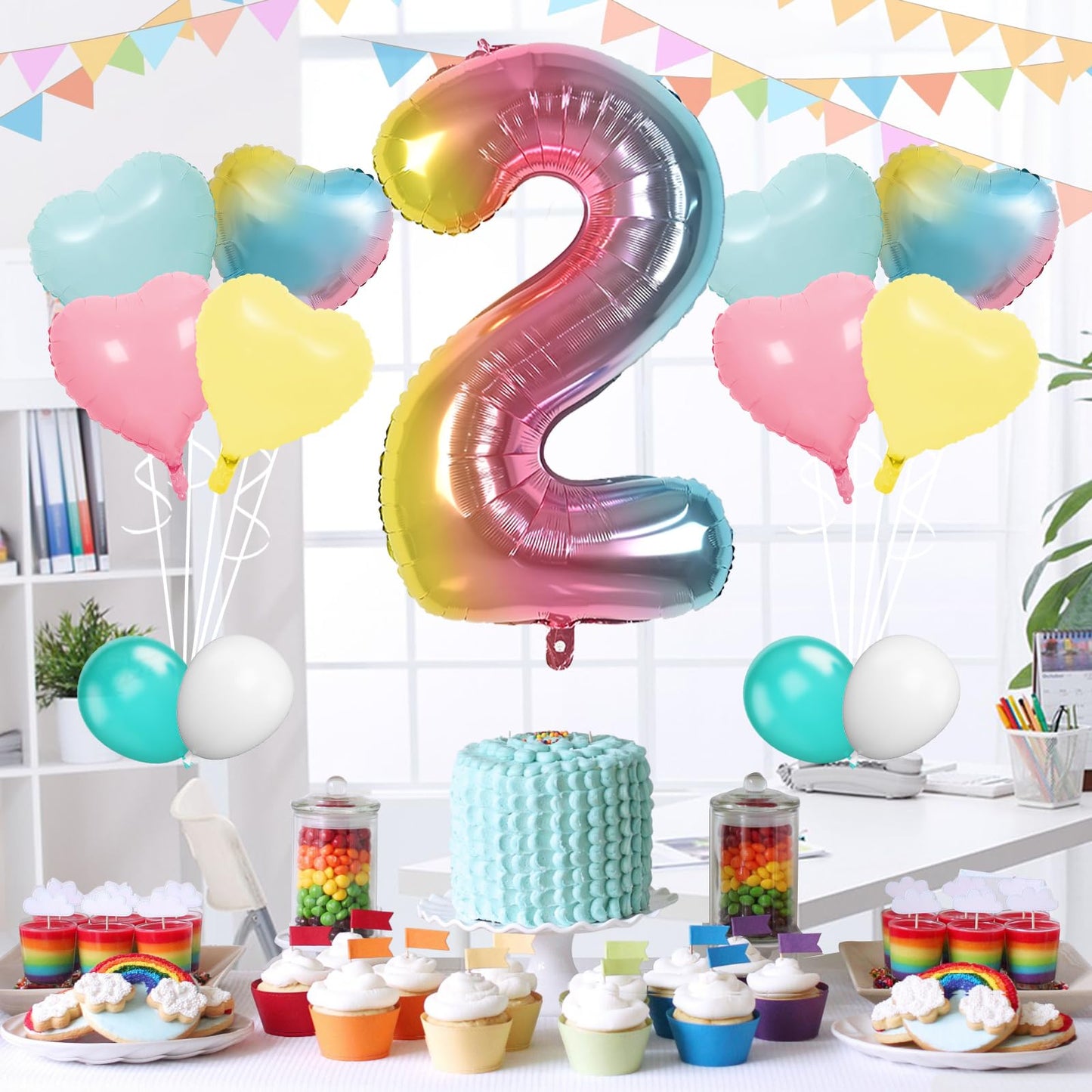 Biapian 40 Inch Rainbow Number 2 Balloons, 7Pcs Gradient Large 2Nd Birthday Balloons With 18'' Foil Heart Balloon Helium For 2Nd
